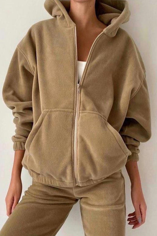 Conjunto informal de dos piezas con capucha, cuello y manga larga, color sólido y cremallera