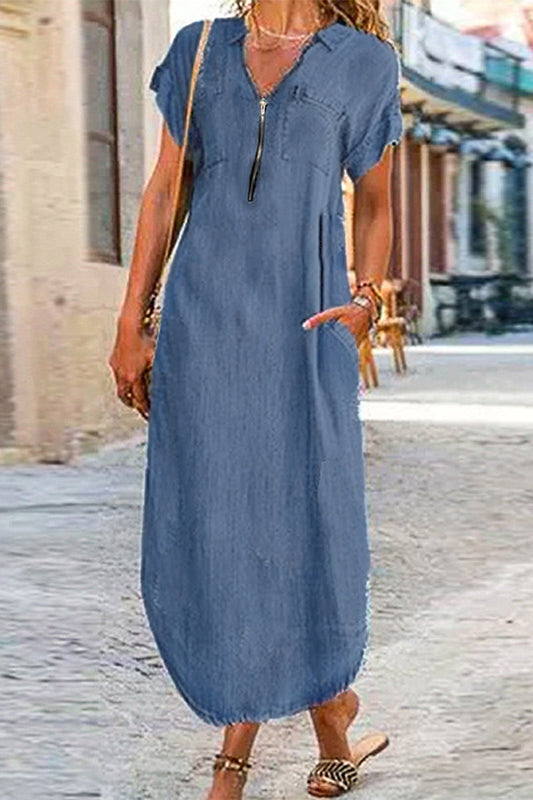 Vestidos casuales sencillos de corte A con cuello vuelto y cremallera lisa