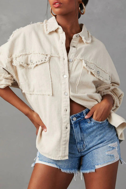 Chaqueta vaquera informal de manga larga con cuello vuelto y parches lisos