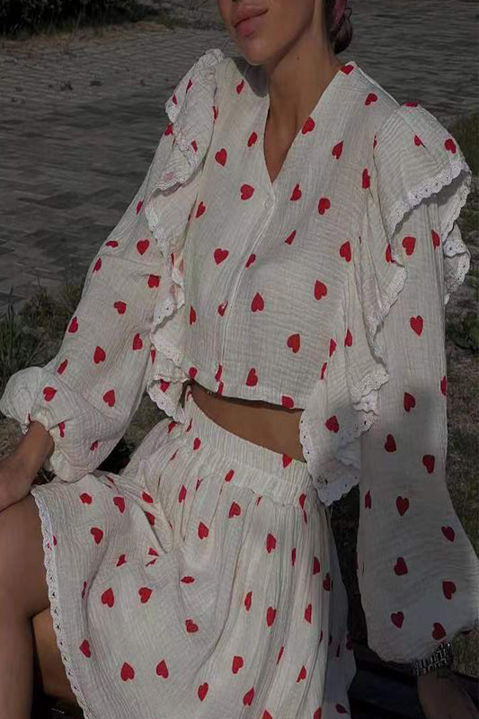 Conjunto de dos piezas con cuello en V, manga larga y estampado informal (3 colores)