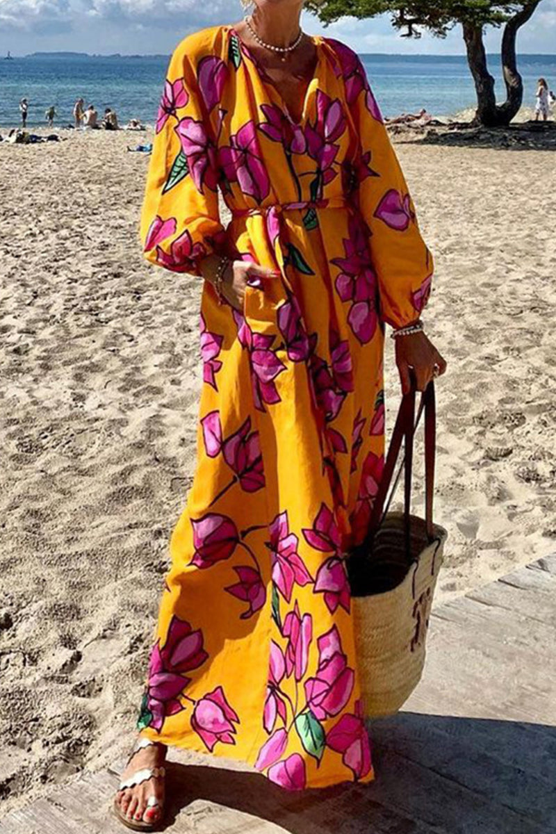 Elegante vestido de fiesta con escote en V, bolsillos florales y contraste