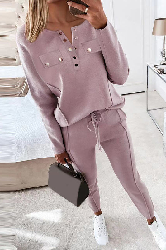 Conjunto informal de dos piezas con cuello en V y manga larga con hebilla (2 colores)