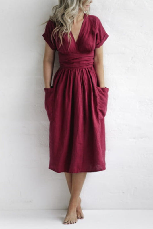 Vestido informal de manga corta con escote en V, bolsillos y vendaje liso (4 colores)