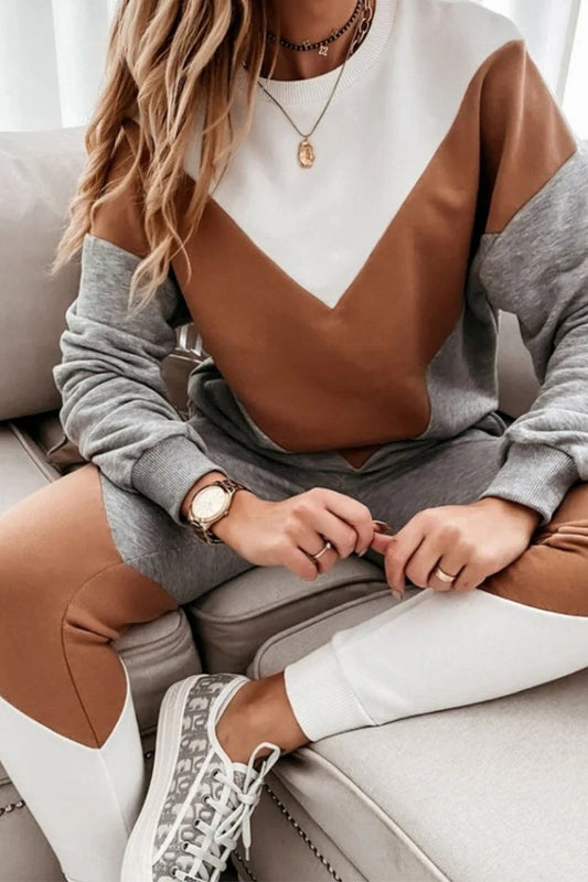 Conjunto casual de dos piezas con cuello redondo, manga larga y contraste de bloques de color