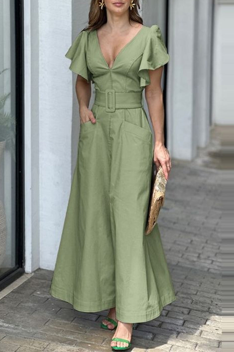 Vestidos elegantes de manga corta con escote en V y bolsillos lisos (3 colores)