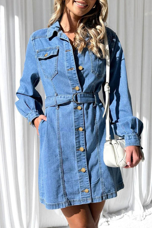 Vestido vaquero recto informal de manga larga con cuello vuelto, hebilla de bolsillo y cinturón