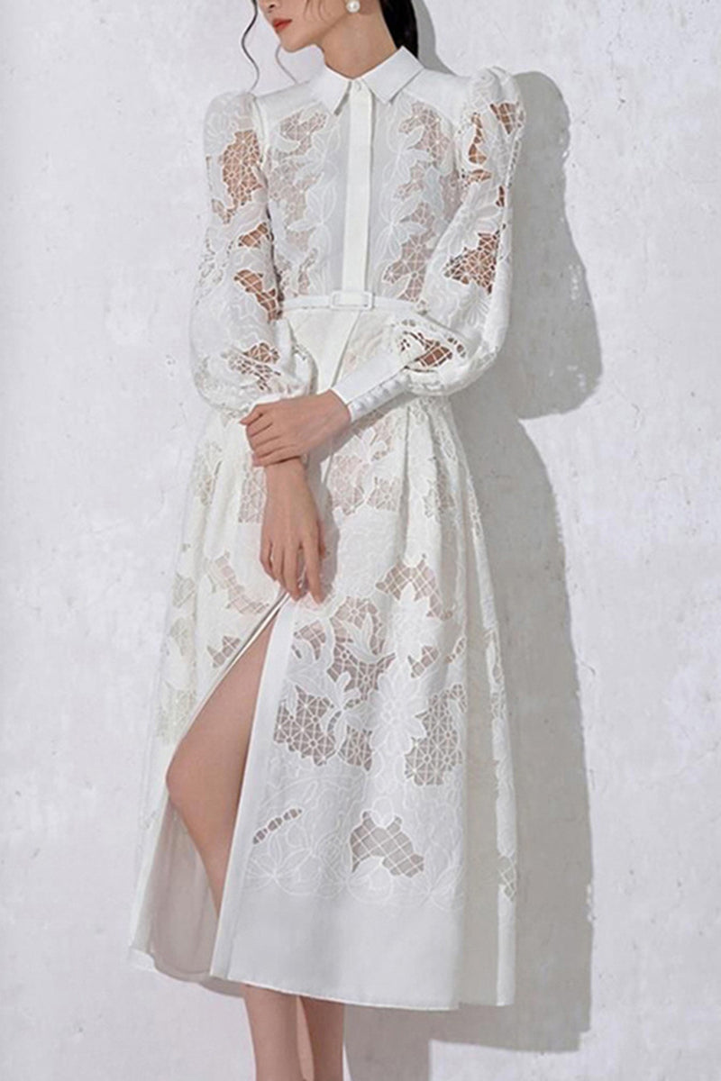 Elegante vestido de corte A con cuello vuelto, ahuecado y bordado sólido