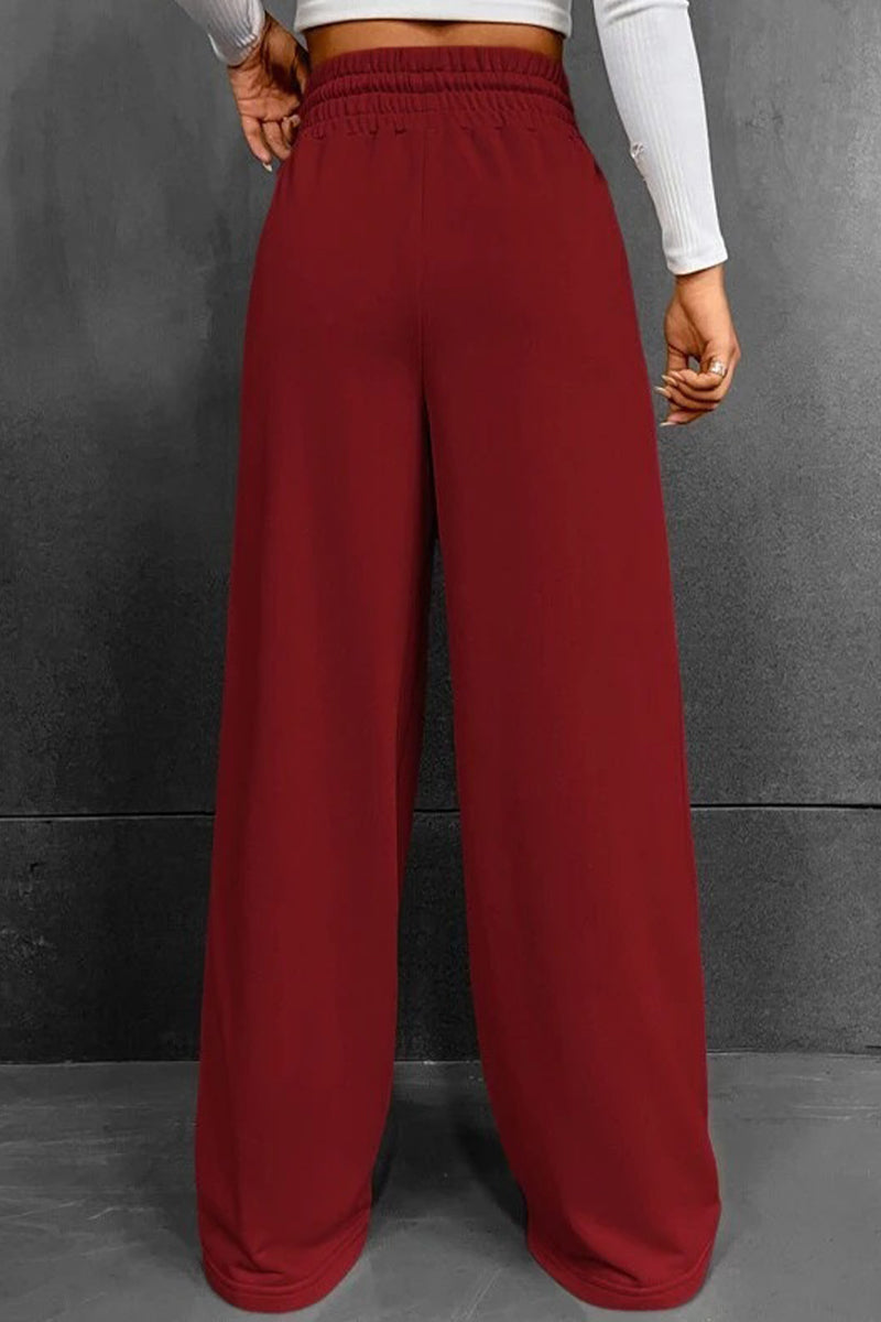 Pantalones casuales de color liso con frenillo suelto, cintura alta, pierna ancha (6 colores)