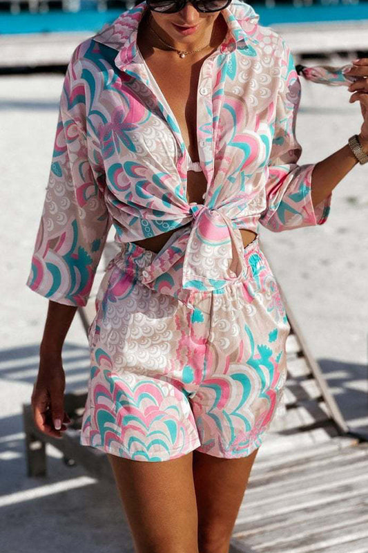 Conjunto informal de dos piezas con cuello vuelto, manga larga y estampado geométrico para vacaciones