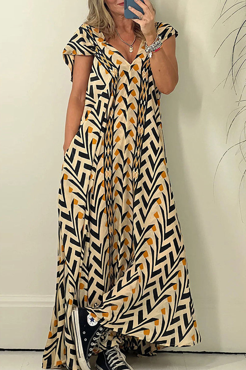 Vestido bohemio vintage con estampado geométrico de bolsillos y cuello en V