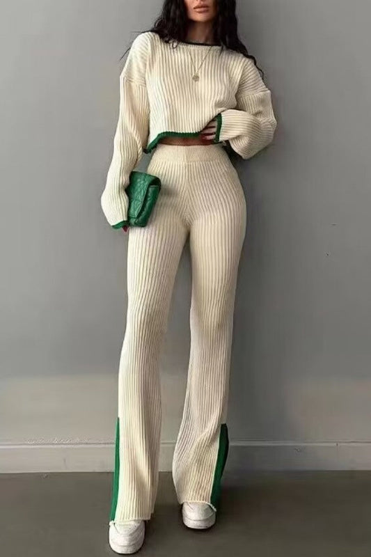 Conjunto informal de dos piezas con cuello redondo, manga larga y parches sólidos