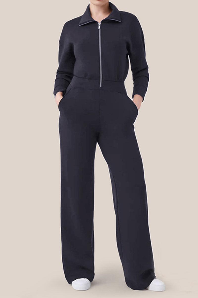 Mono informal sencillo con cuello vuelto, bolsillos sólidos y cremallera