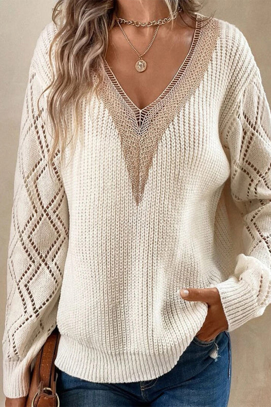 Tops casuales sencillos de encaje liso con cuello en V