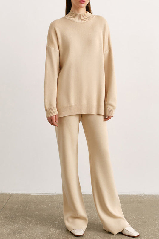 Conjunto informal sencillo de dos piezas con cuello alto, manga larga y abertura en el lateral (4 colores)
