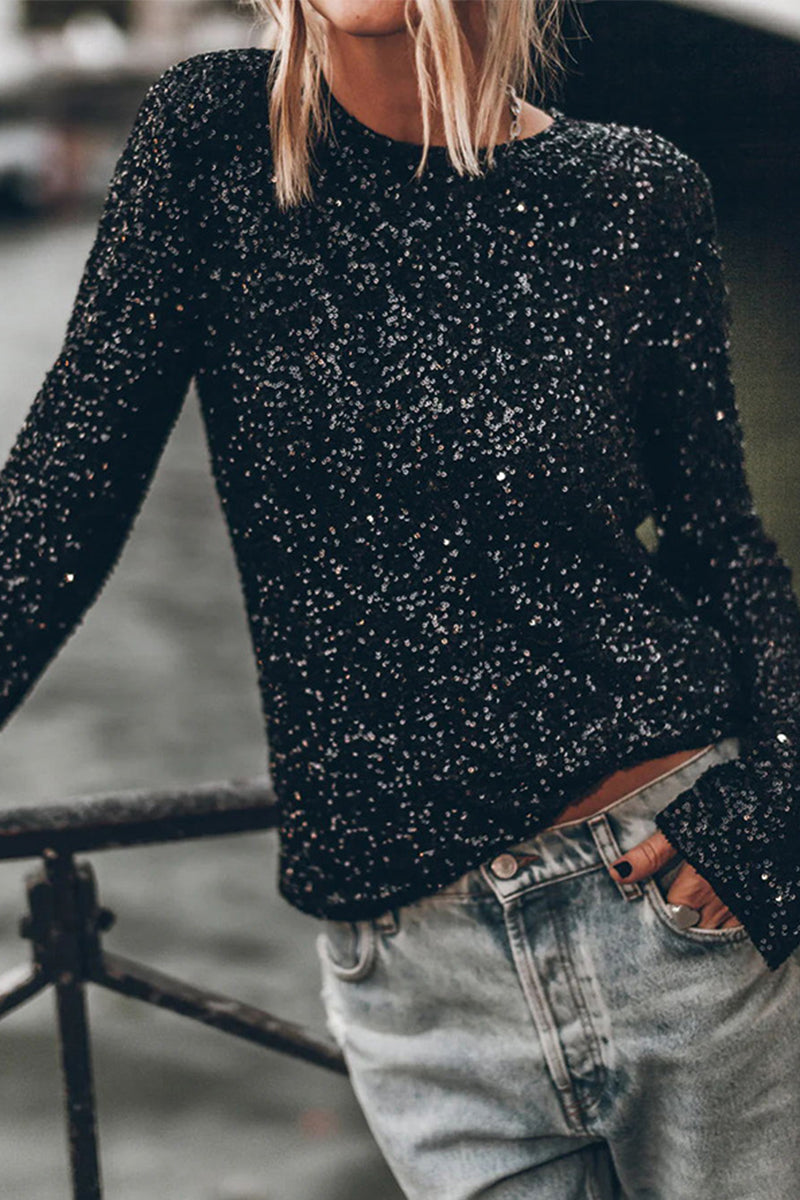 Tops casuales de cuello redondo con lentejuelas y lentejuelas sólidas