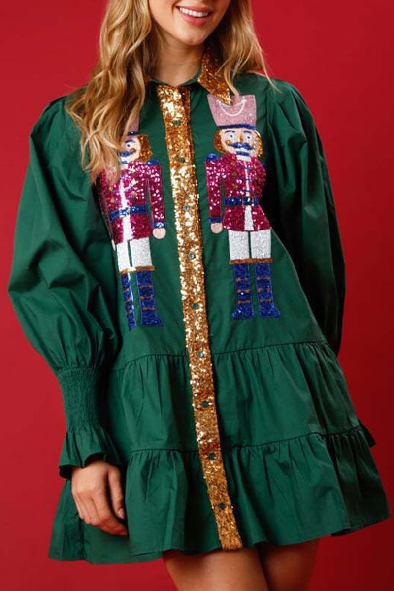 Vestidos de manga larga con cuello vuelto, contraste y lentejuelas lisas