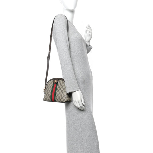 GG Supreme Monogram Textured Dollar Calfskin Web Small Ophidia Dome Shoulder Bag Beige Ebony New Acero