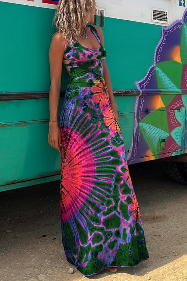 Vestido largo elástico con cordones en la espalda y estampado tie-dye de La Bamba