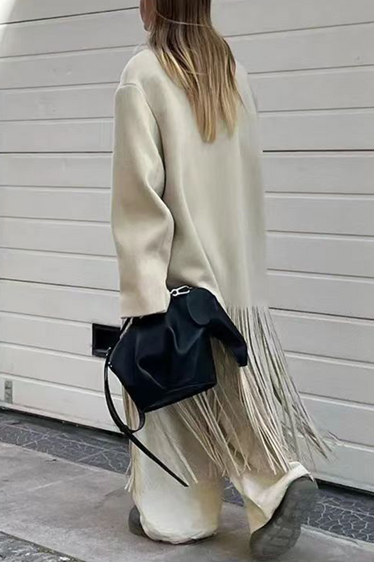 Prenda exterior elegante de estilo británico con borlas sólidas y cuello vuelto