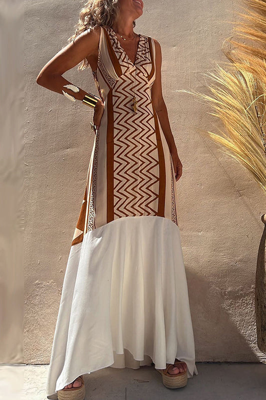 Vestido informal con cuello en V irregular y estampado geométrico de patchwork