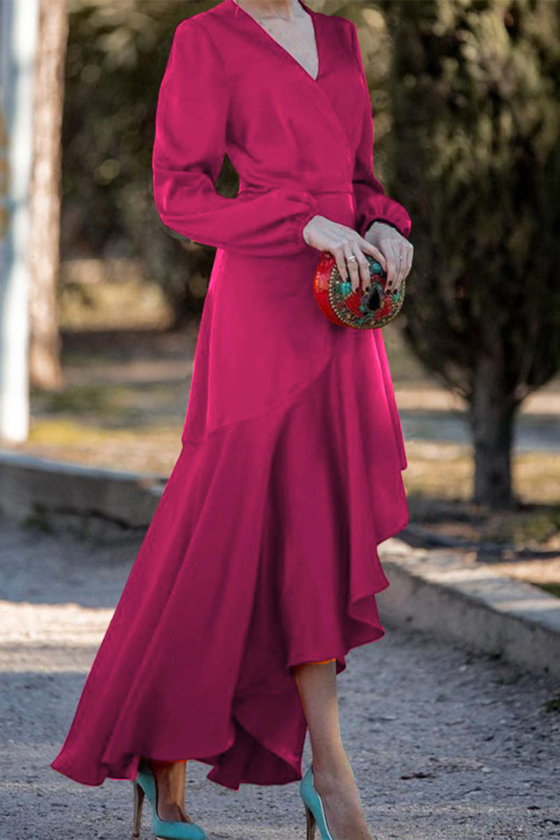 Elegantes vestidos de corte A con escote en V y volantes sólidos