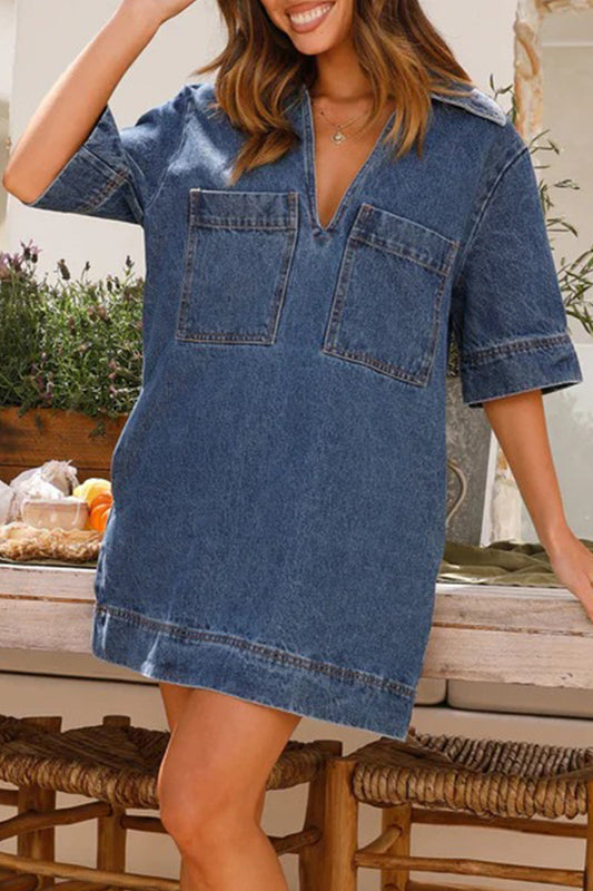 Vestidos vaqueros holgados informales de manga corta con cuello en V y bolsillos lisos y sencillos