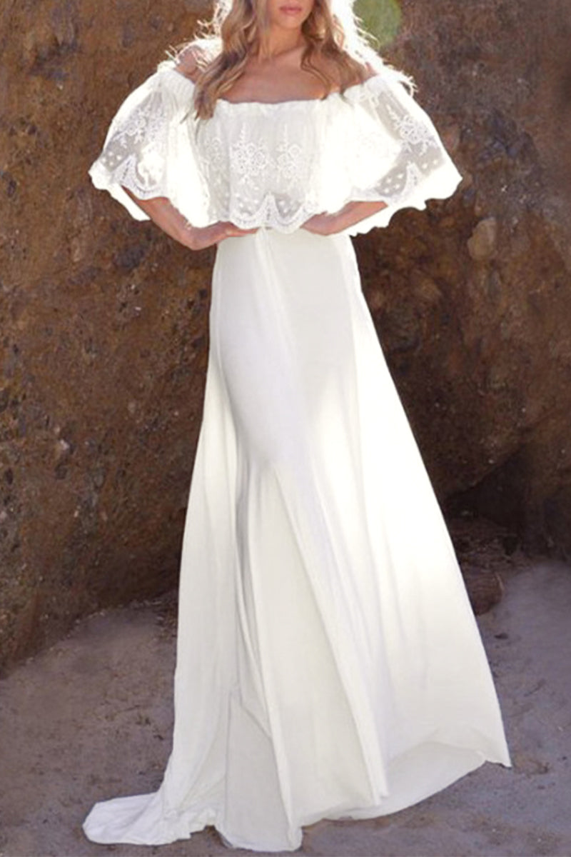 Elegante vestido de noche formal de encaje sólido con hombros descubiertos