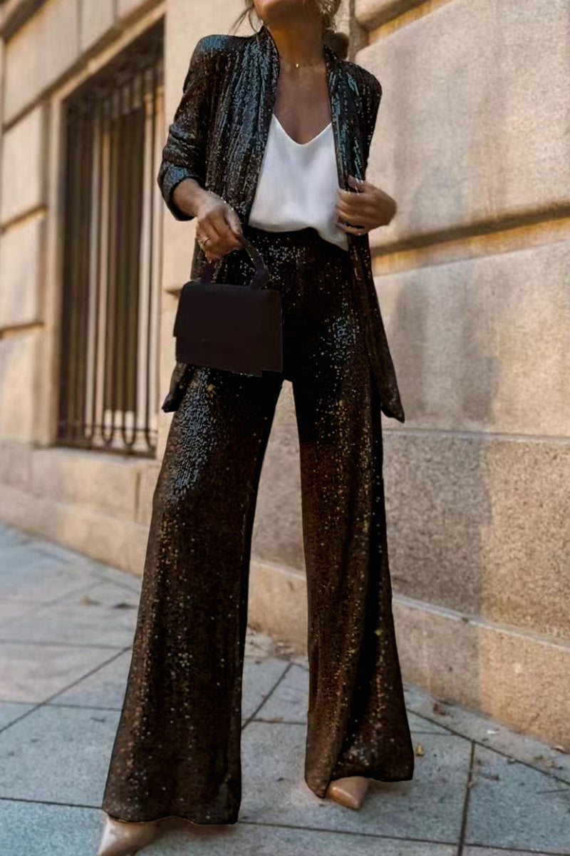 Cárdigan informal de calle con lentejuelas lisas, cuello alto, manga larga, dos piezas