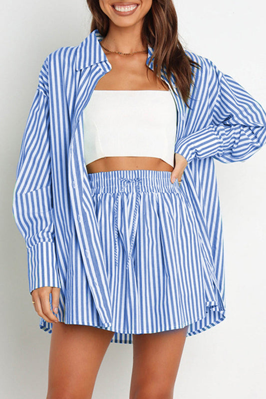 Conjunto informal de dos piezas con cuello vuelto, manga larga y rayas de uso diario (4 colores)