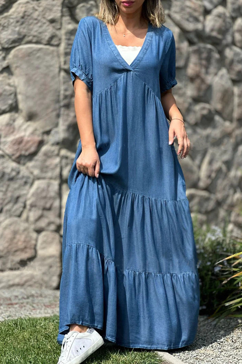 Vestido de manga corta con escote en V y bolsillos lisos Daily Simplicity