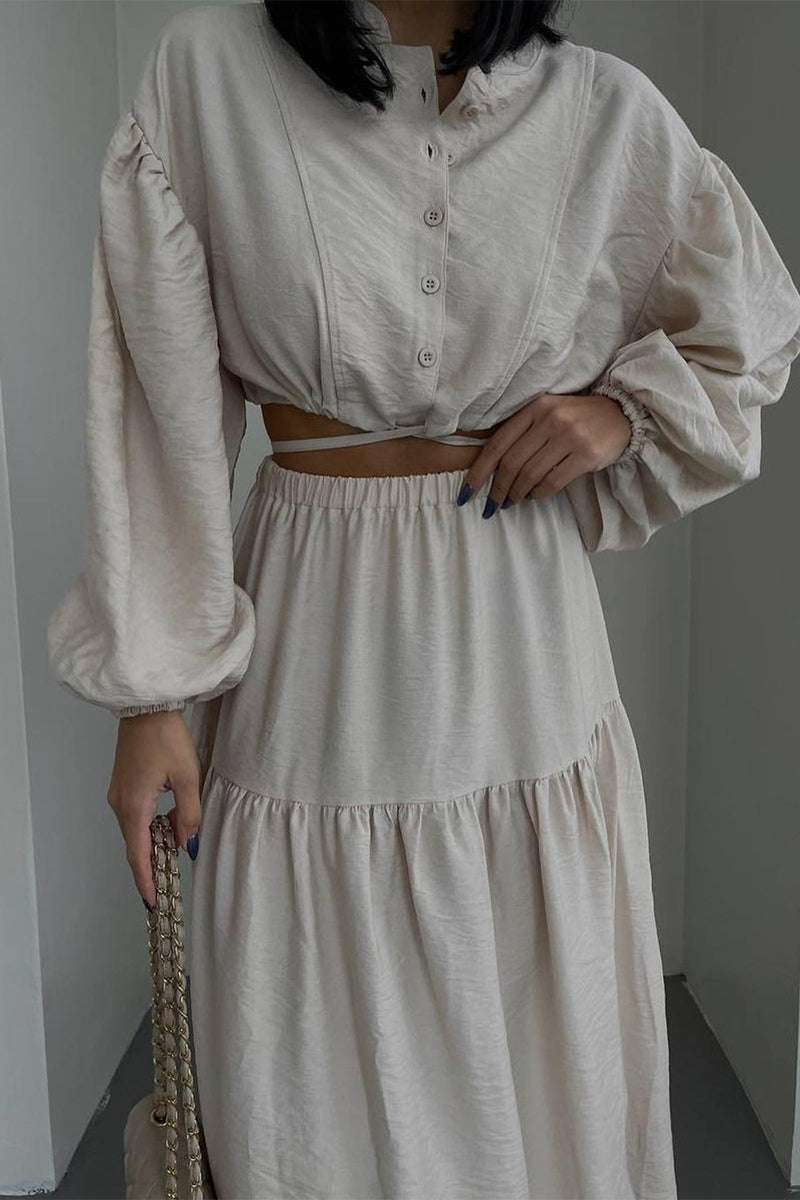 Conjunto informal elegante de dos piezas con cuello redondo, manga larga y parches sólidos
