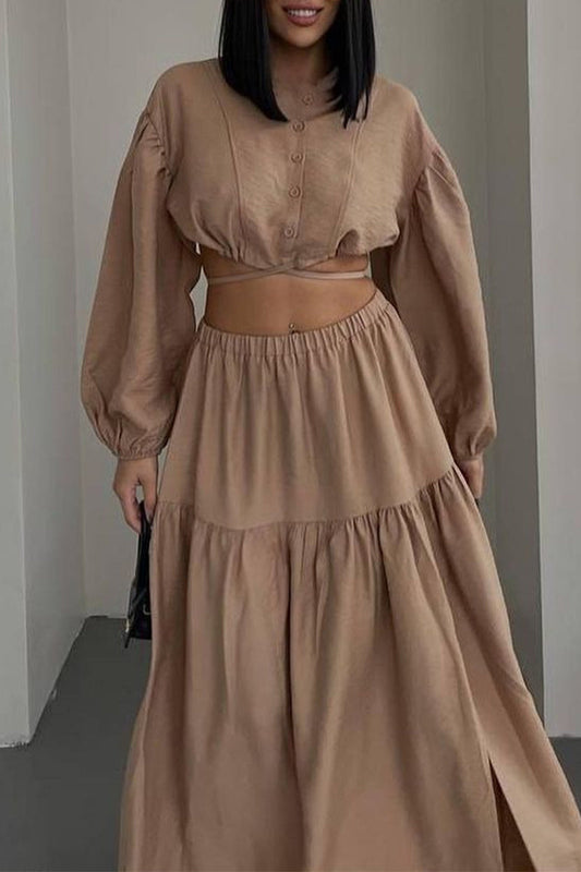 Conjunto informal elegante de dos piezas con cuello redondo, manga larga y parches sólidos