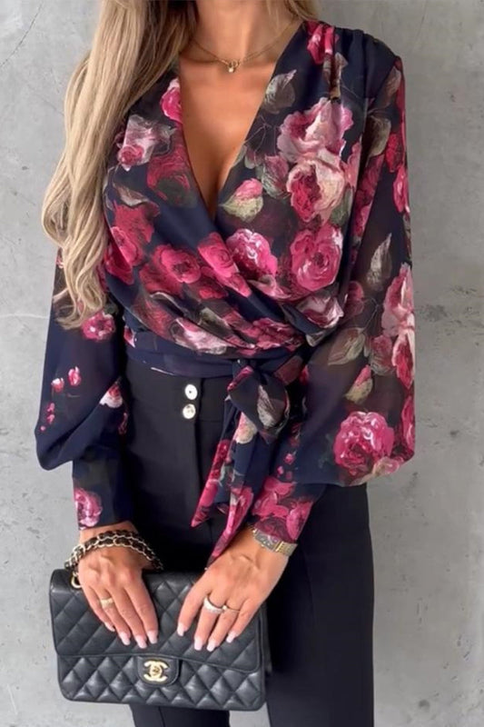 Tops sexis elegantes con escote en V y estampado floral