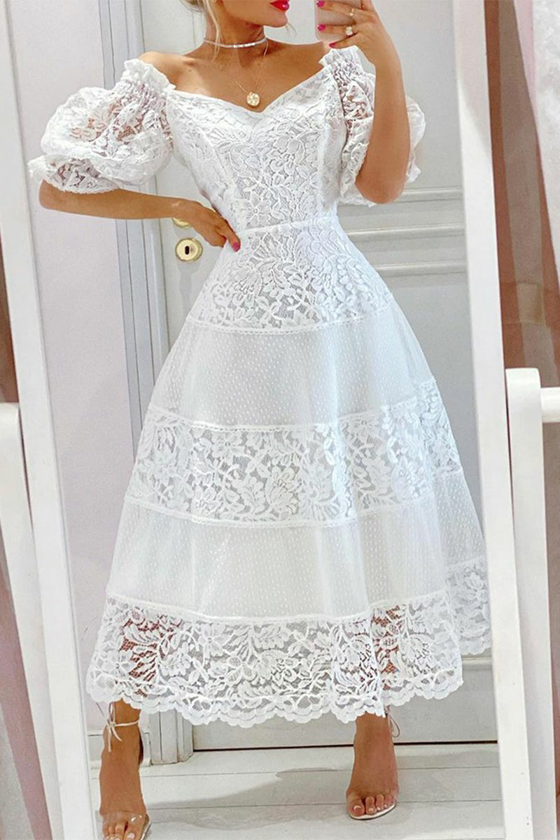 Vestidos de princesa con escote en V, de encaje liso, elegantes y dulces