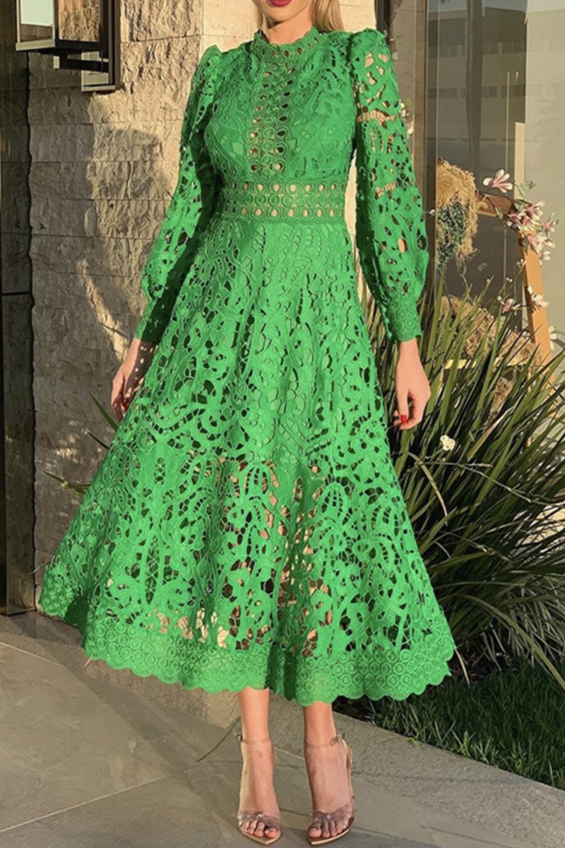 Vestido informal de manga larga con cuello alto, transparente, bordado y ahuecado, liso