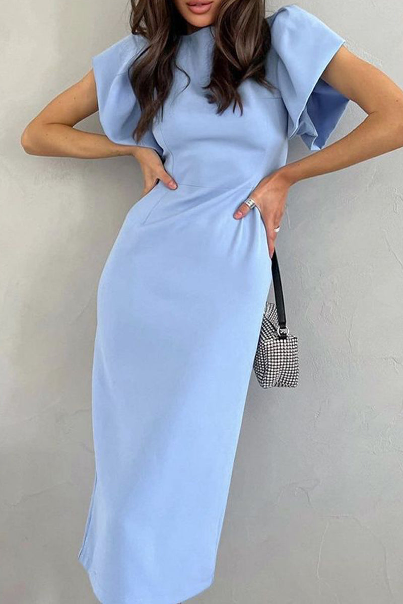 Lindos y elegantes vestidos de falda cruzada con cuello redondo y abertura con volantes sólidos