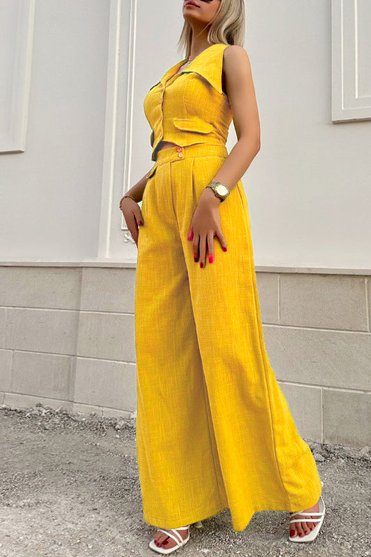 Conjunto de dos piezas elegante estilo británico con cuello vuelto, sin mangas, botones y bolsillos sólidos