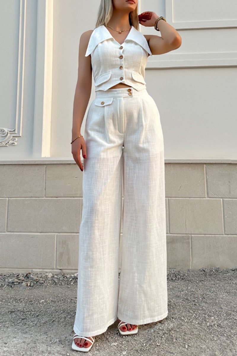 Conjunto de dos piezas elegante estilo británico con cuello vuelto, sin mangas, botones y bolsillos sólidos