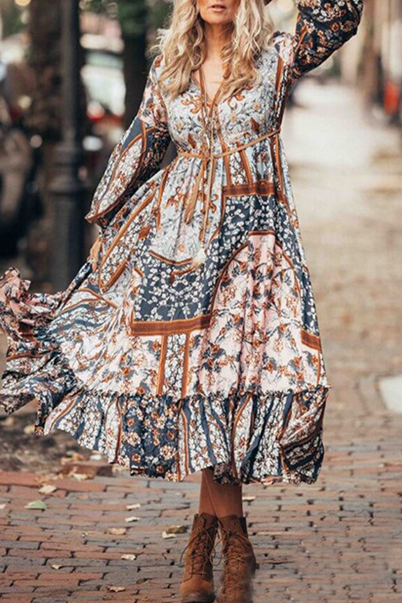 Vestido bohemio vintage con estampado floral y escote en V