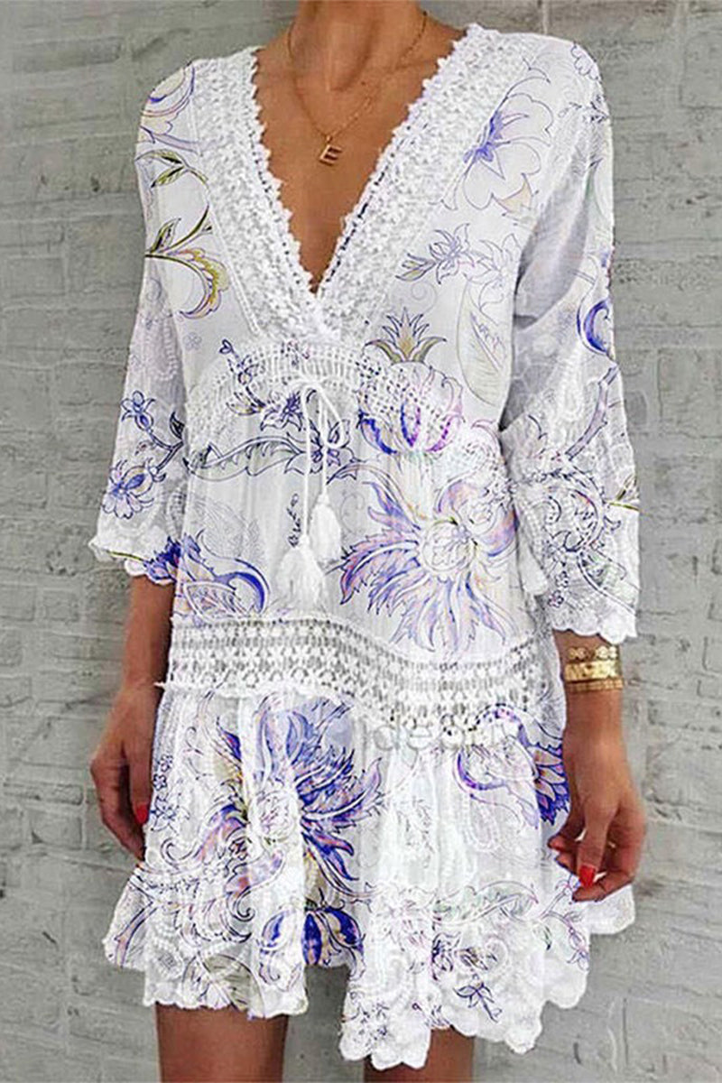 Vestido elegante y dulce con estampado floral y cuello en V