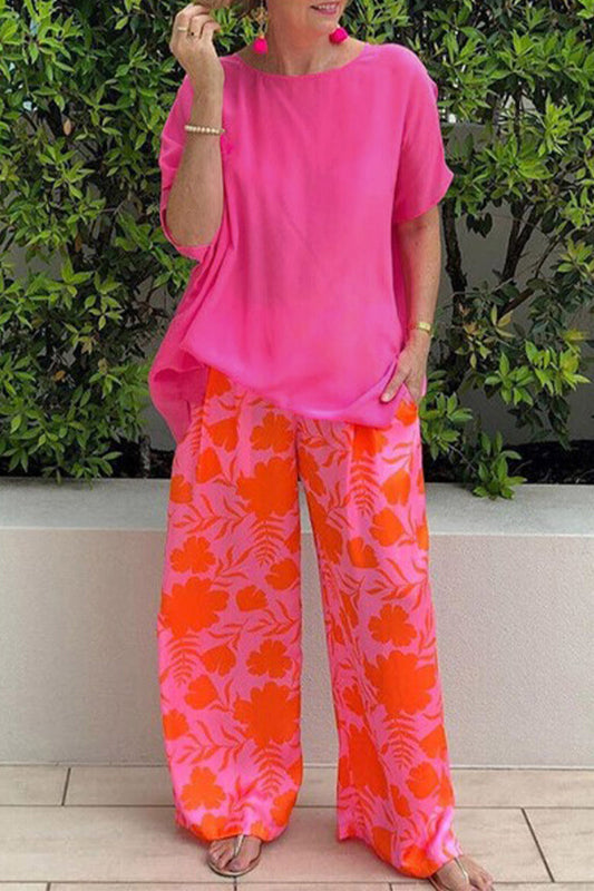 Conjunto informal vintage floral con bolsillo, cuello redondo y manga corta de dos piezas
