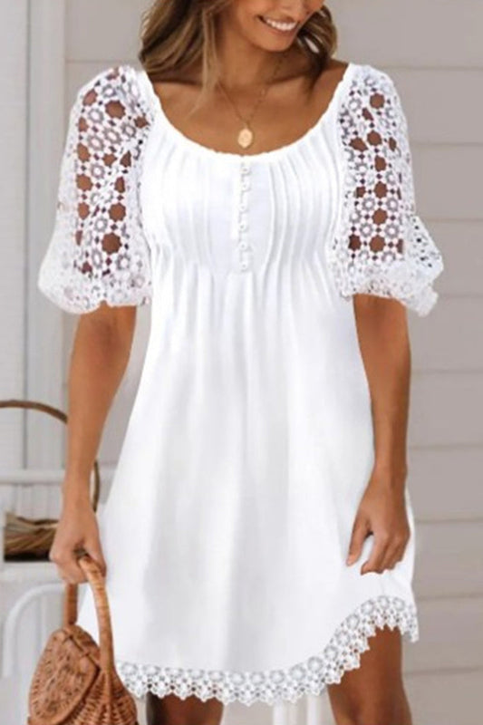 Vestidos casuales de corte A con cuello redondo, de encaje liso y ahuecados