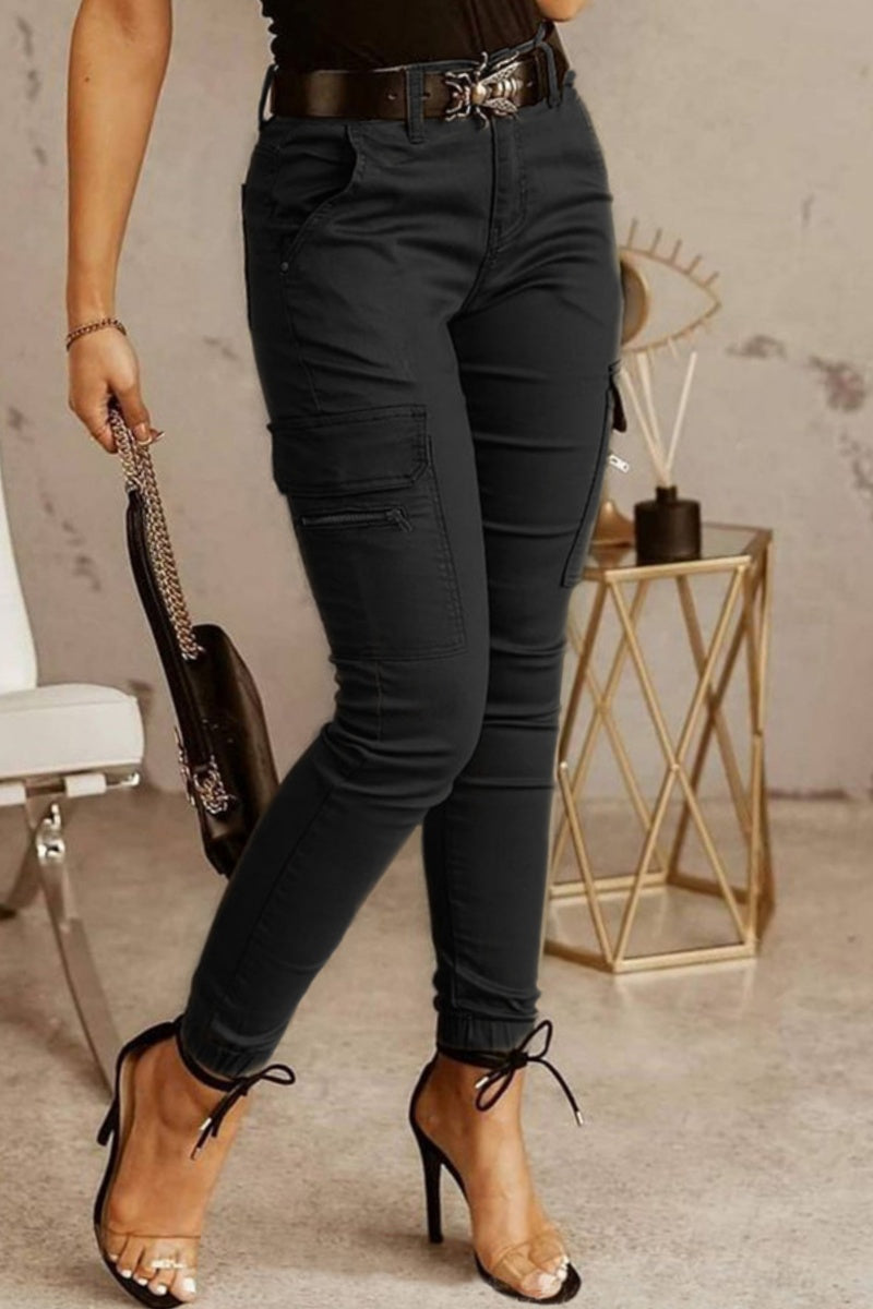 Pantalones casuales ajustados de cintura media con parches sólidos (3 colores)
