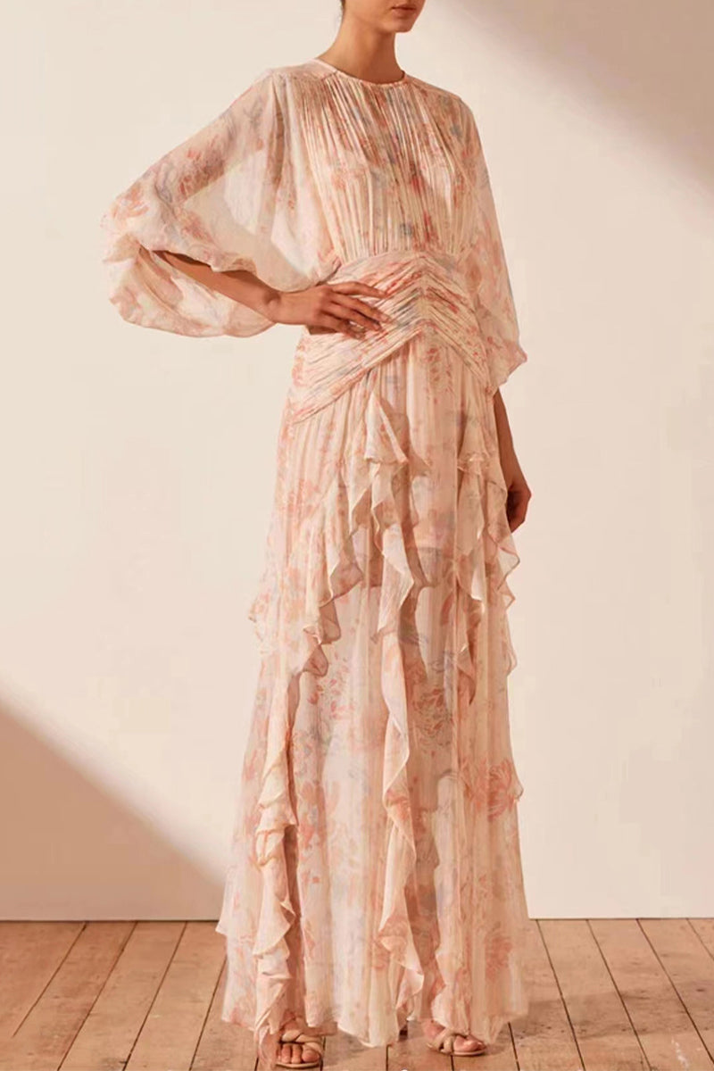 Vestido irregular con cuello redondo, elegante y dulce con volantes florales