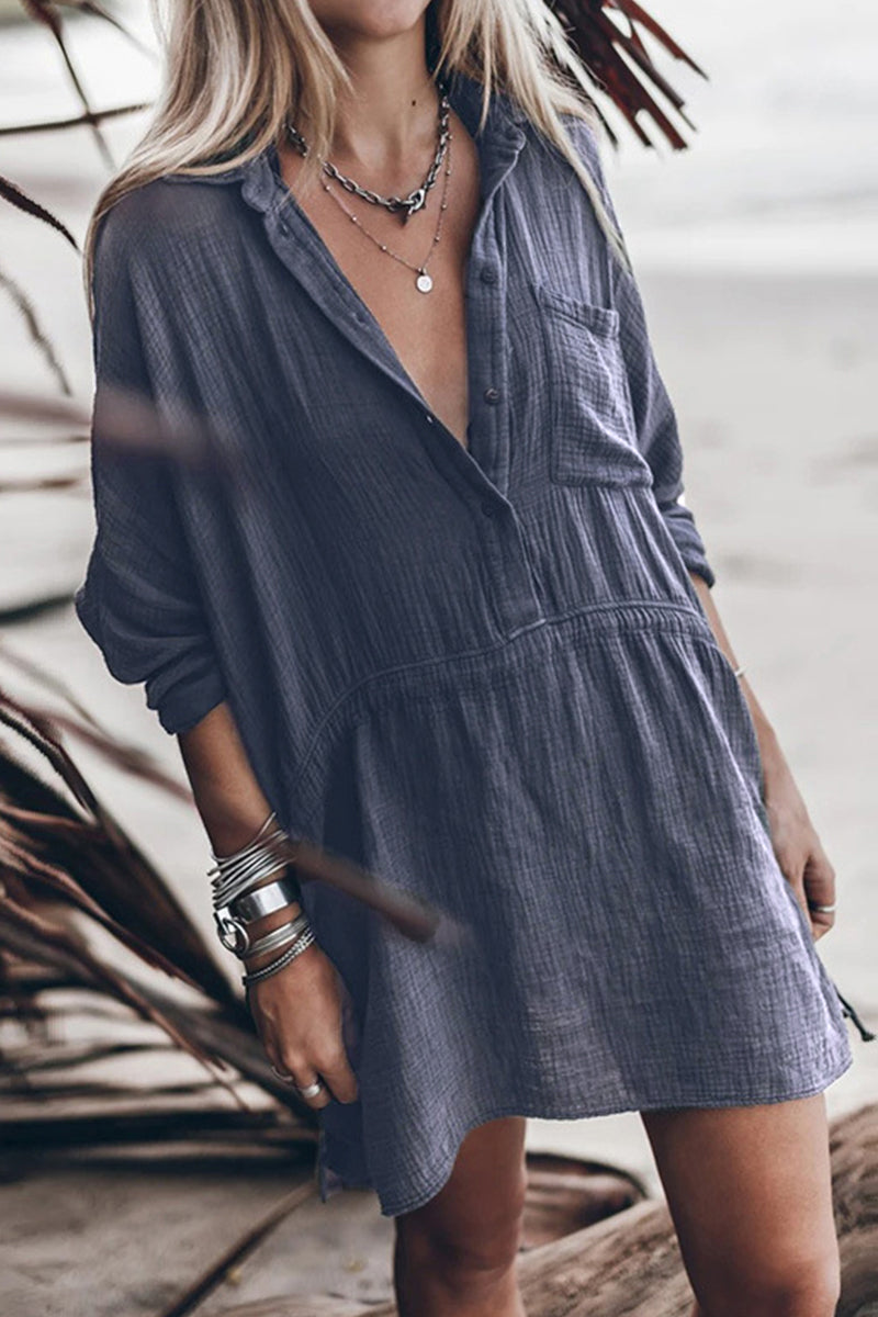 Vestido camisero informal de color liso con cordón ajustable y bolsillo con cuello vuelto