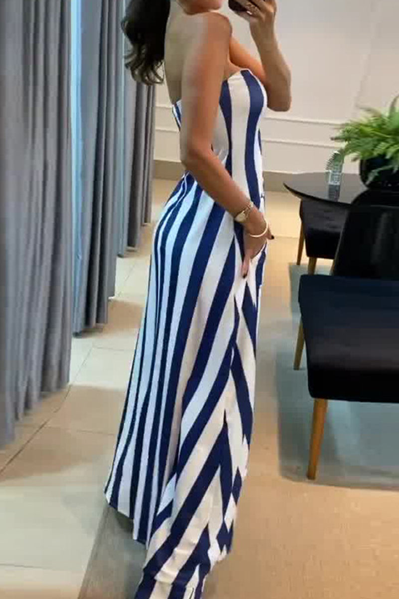 Conjunto de dos piezas sexy con rayas, bolsillo, abertura, sin tirantes y sin mangas
