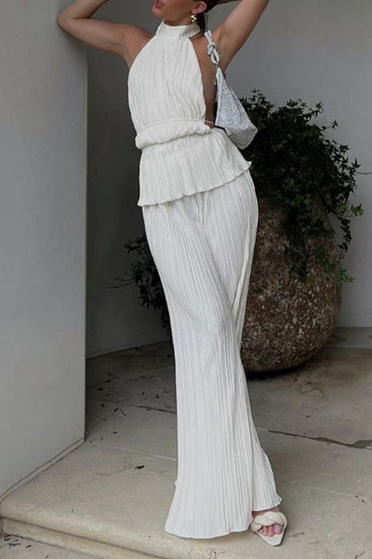 Elegante vestido de dos piezas sin mangas, liso, sin espalda y con pliegues