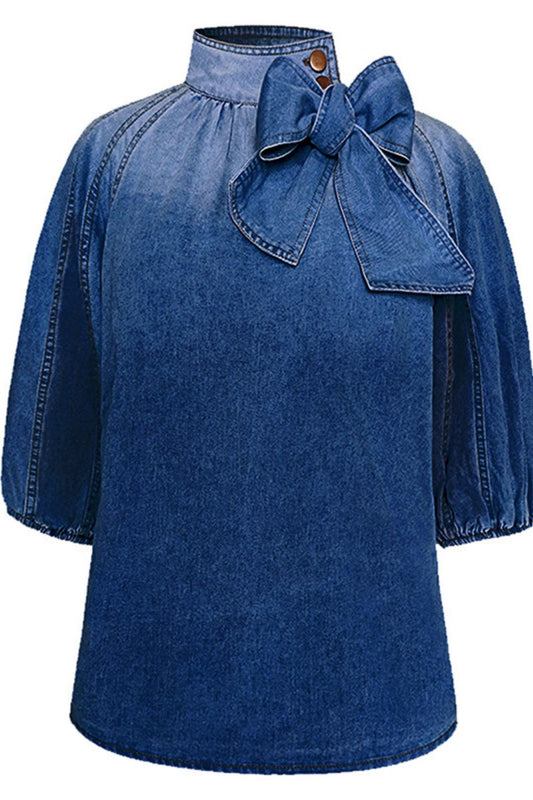 Tops vaqueros casuales de manga corta con cuello alto, patchwork liso y lazo