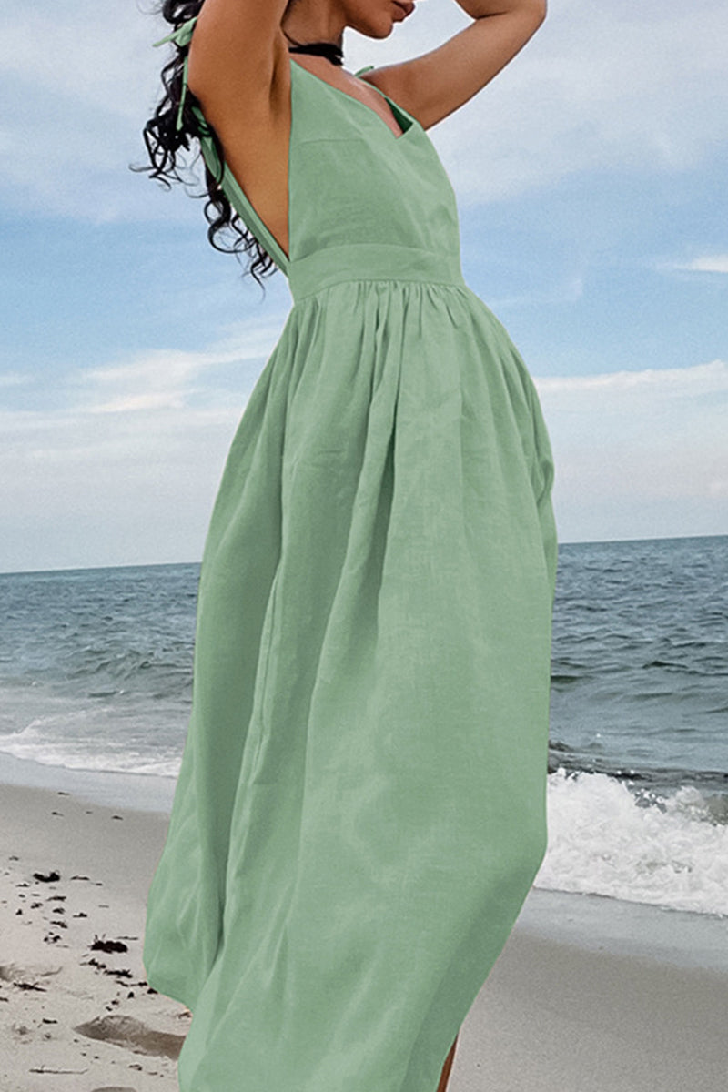 Vestido sexy de tirantes con escote en V y frenillo liso