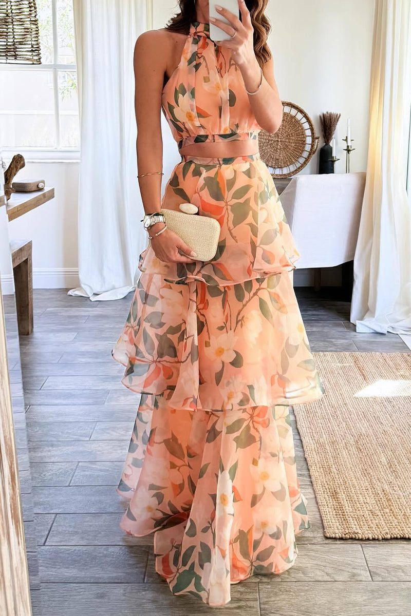 Elegante traje de baño de dos piezas sin mangas con cuello halter de malla y estampado de cambio gradual